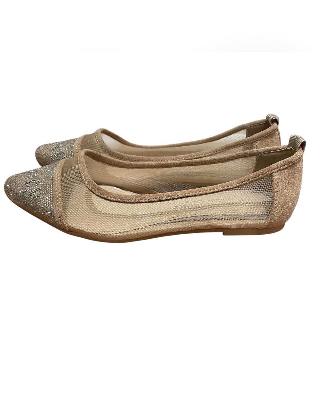 Juicy Couture Penny Rhinestone Mesh Ballet Flats Sheer Beige Womens Size 7 Y2K